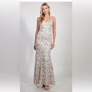 NWT CITY STUDIO JUNIOR IVORY & GOLD SEQUIN MAXI STRAPPY BODYCON FORMAL GOWN 9/10